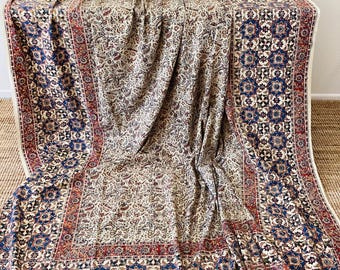 May include: A beige and red patterned rug with a blue border. The rug is draped over a wooden surface, showcasing its intricate floral and geometric designs. The rug's edges are trimmed with a cream-colored border.