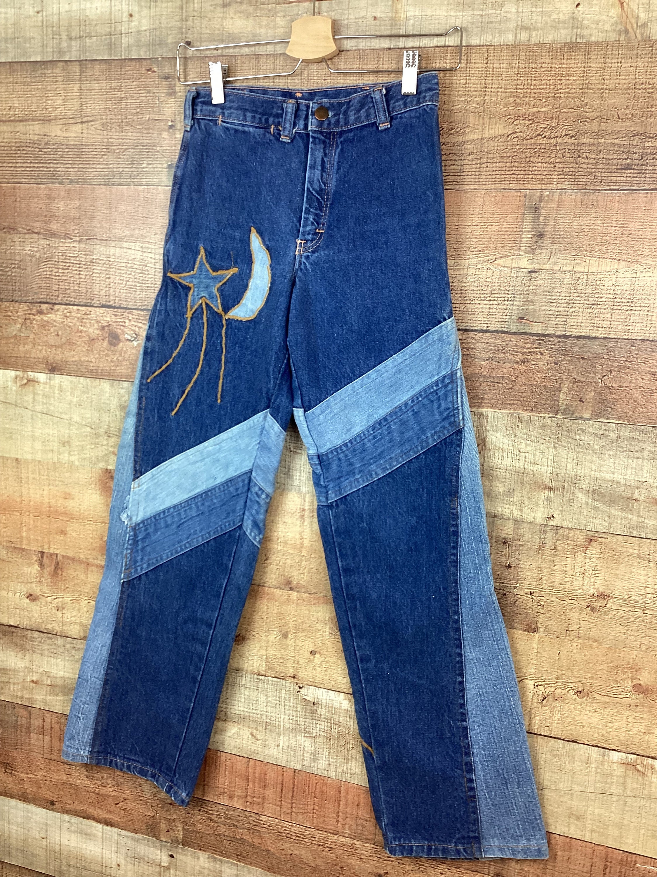 Vintage PATCHWORK Star & Moon EMBROIDERED APPLIQUE Denim
