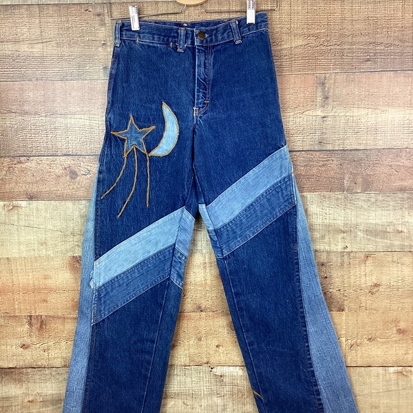 Vintage PATCHWORK Star & Moon EMBROIDERED APPLIQUE Denim Jeans