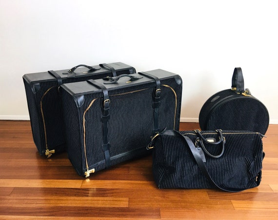 Vintage FRENCH COMPANY Black & Grey PINSTRIPE Suitcase Luggage 