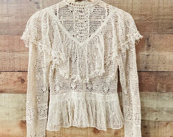 Vintage 1970s COTTON CROCHET Victorian Style Ruffled Lace Blouse Top