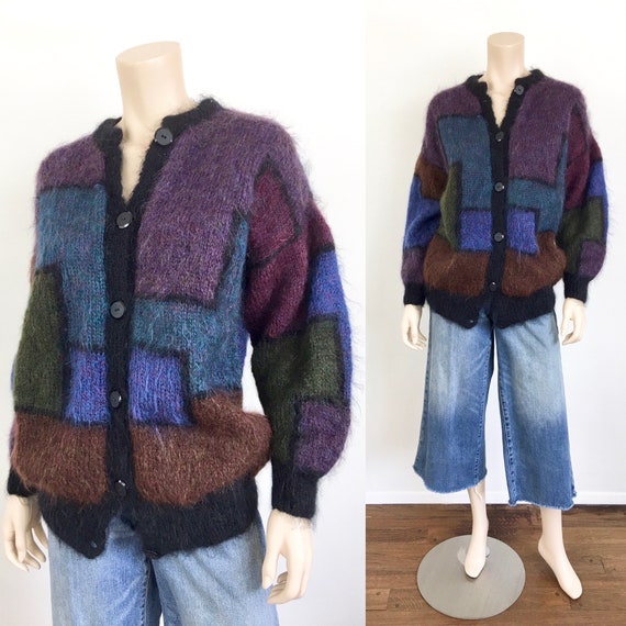1980s Vintage OVERSIZED COLOR BLOCK Mohair Cardiga