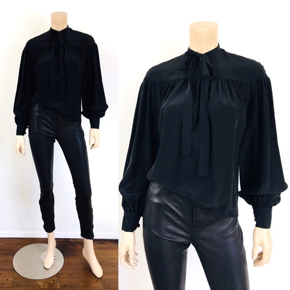 Vintage 1970s PUSSY BOW Black Pleated BALLOON Slee