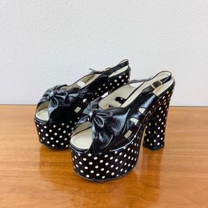 Vintage 1970s BLACK & WHITE Patent Leather POLKA Dot Platforms / Hippie Boho Glam