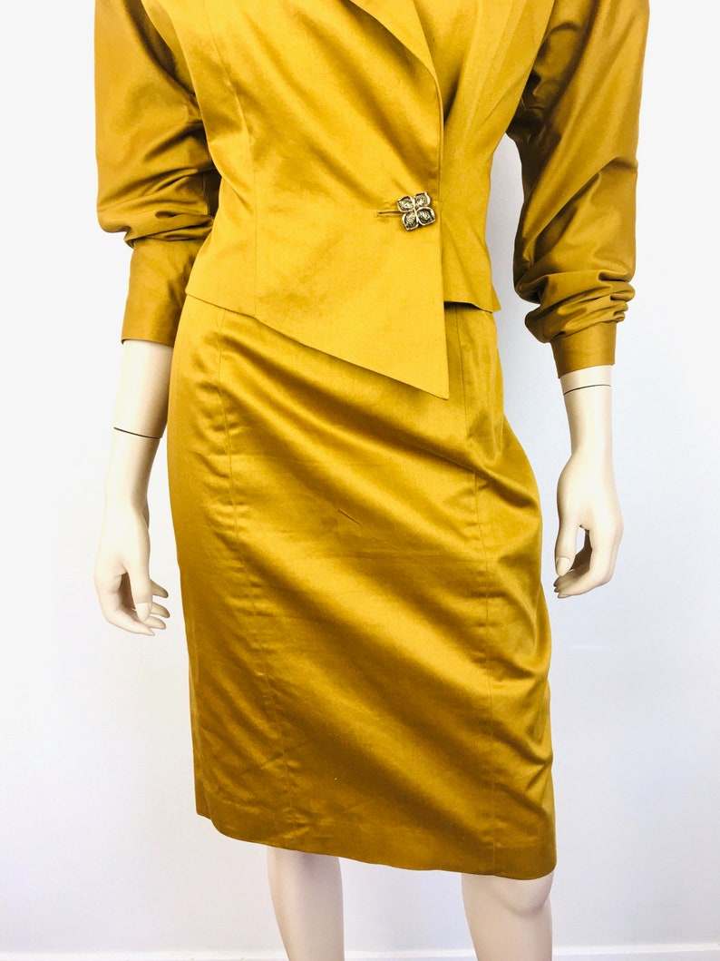 Vintage 1980s ASYMMETRICAL Dark GOLD Batwing Sleeve / High Waisted Skirt Dress Suit image 5