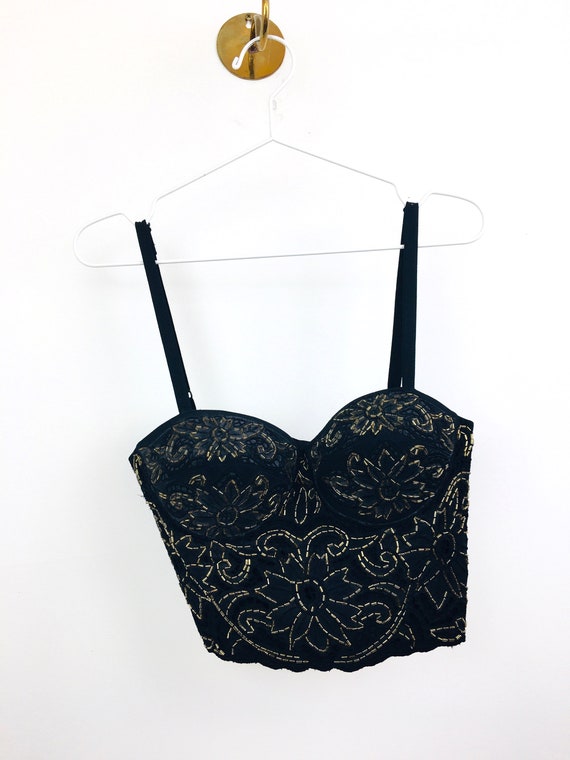 Vintage 1980s Black & GOLD BEADED BUSTIER Crop To… - image 7