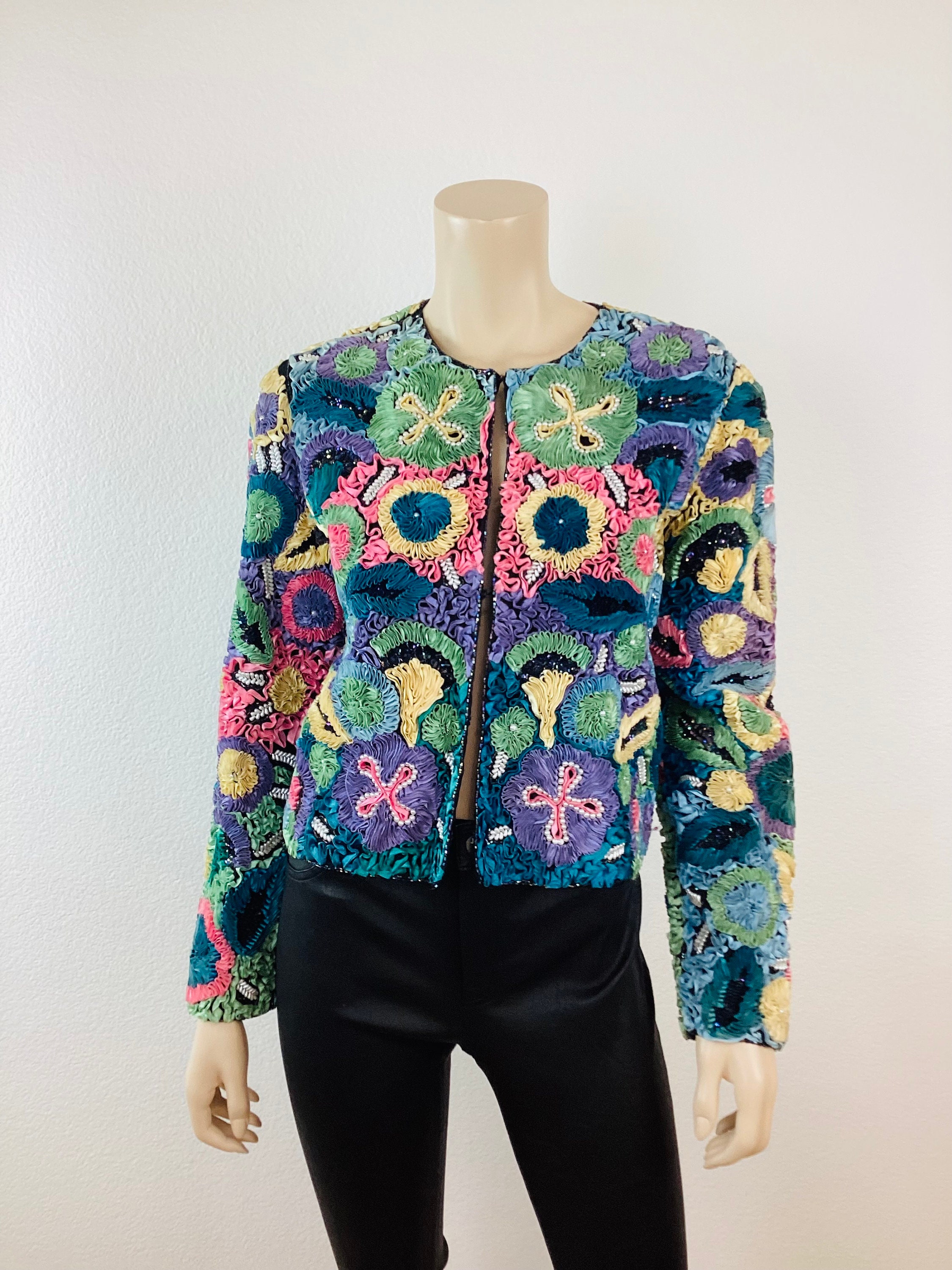 Vintage 1980s Pearl BEADED Colorful FLORAL RIBBONWORK Jacket - Etsy