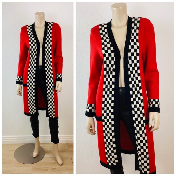 Vintage 1980s BLACK & WHITE CHECK and Red Long Kn… - image 1