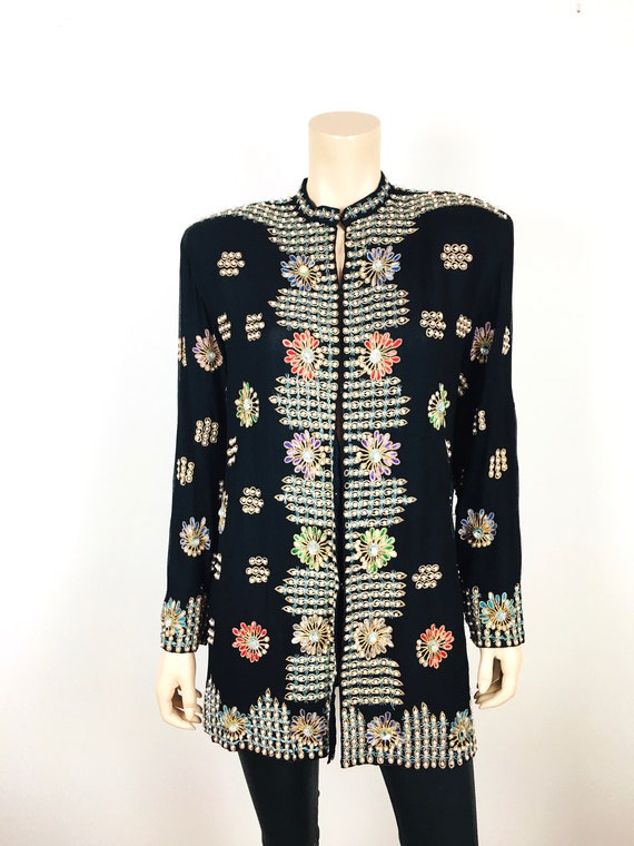 Vintage 1980s EMBROIDERED & PEARL BEADED Silk Jac… - image 3