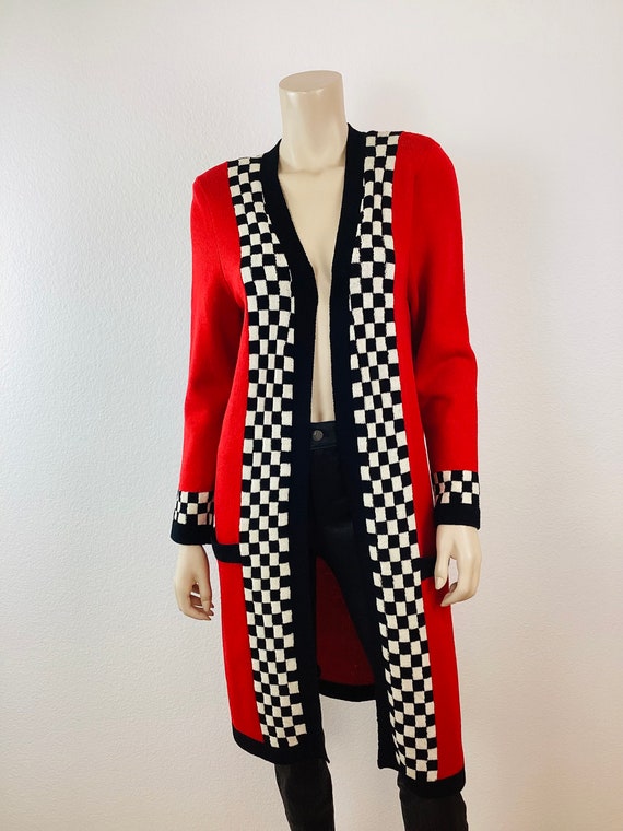 Vintage 1980s BLACK & WHITE CHECK and Red Long Kn… - image 3