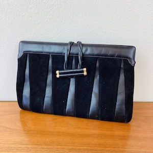 Vintage 1980s Black SUEDE & LEATHER Patchwork Clutch / Shoulder Bag / Purse