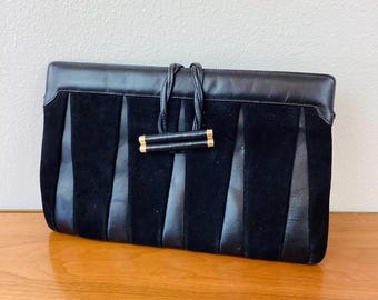 Vintage 1980s Black SUEDE & LEATHER Patchwork Clutch / Shoulder Bag / Purse