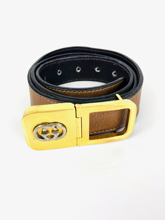 Vintage 1980s GUCCI GG Gold & Silver Buckle Brown… - image 1