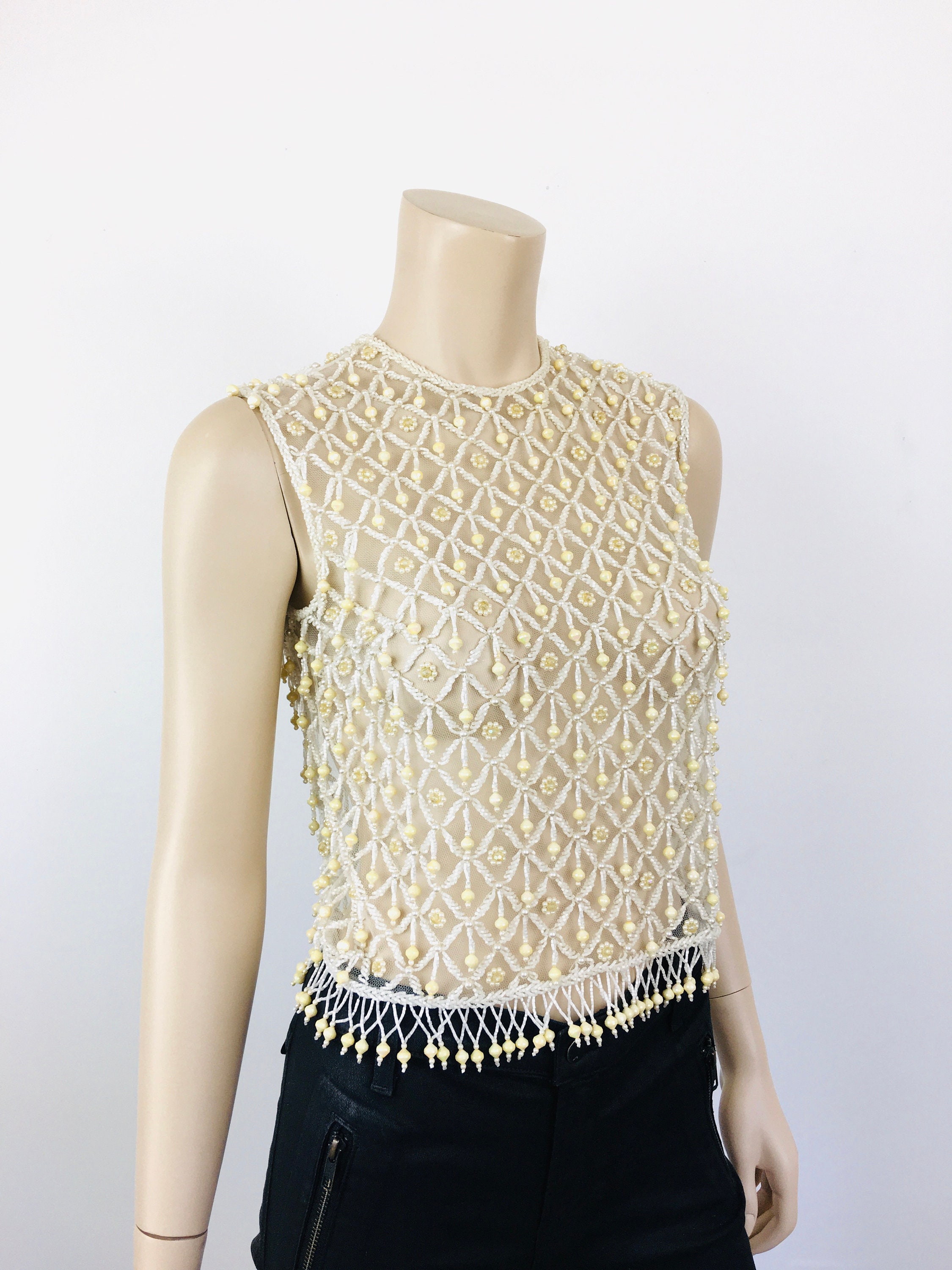 Vintage 1960s WHITE BEADED Sheer TULLE Net Lace Pearl Fringe Top 