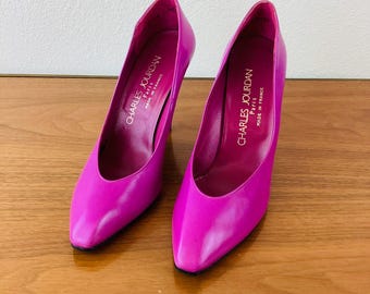 Vintage 1980s CHARLES JOURDAN FUCHSIA Pink Leather High Heel Shoes New In Box Sz 7