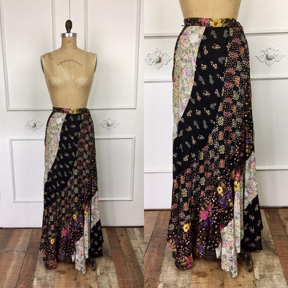 70s Vintage PATCHWORK FLORAL Maxi Skirt 1970s Hipp