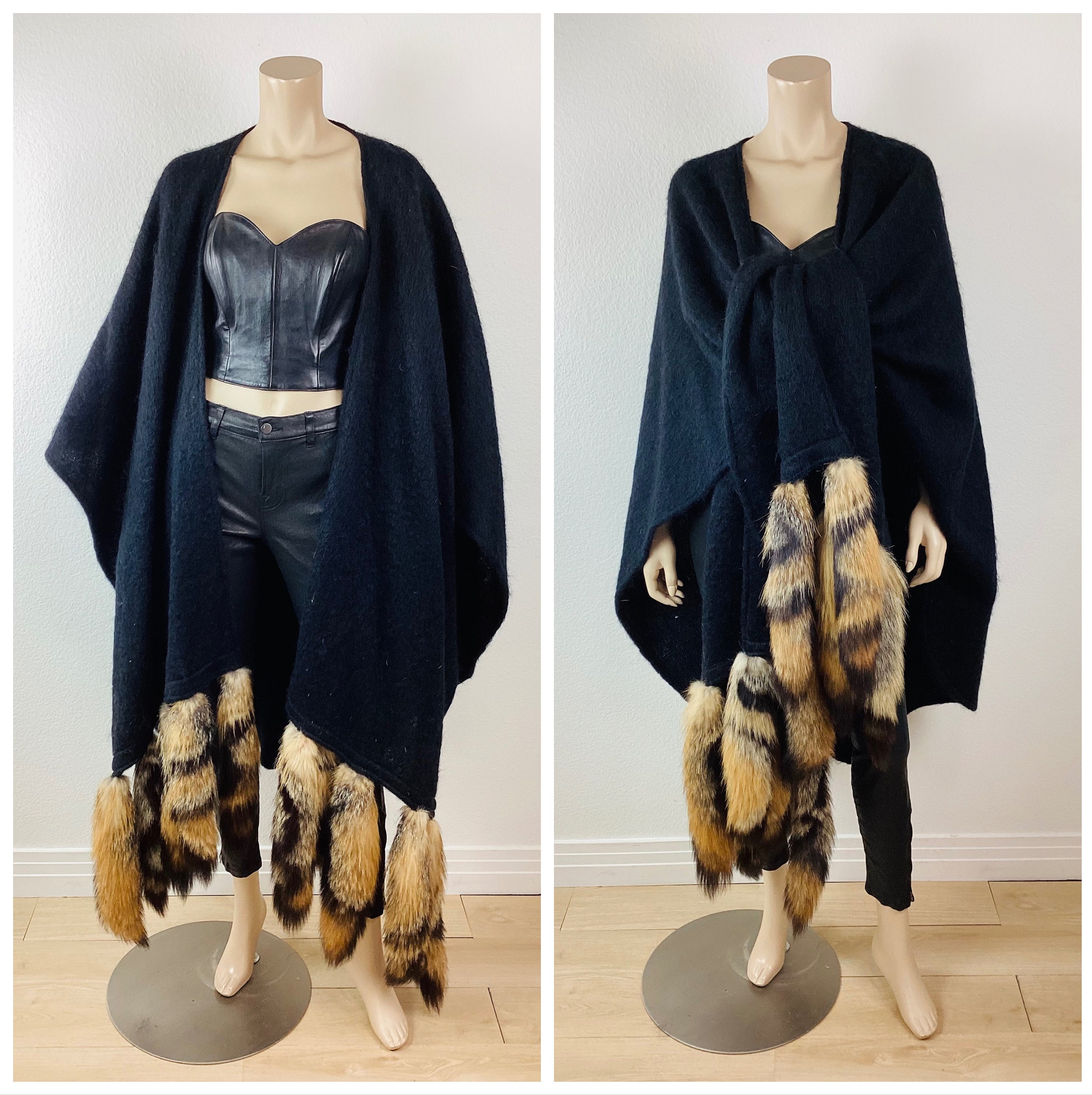Vintage 1970s Black MOHAIR & FOX TAIL Trim Cocoon Coat Vintage 1970s Black MOHAIR & FOX TAIL Trim Cocoon Coat