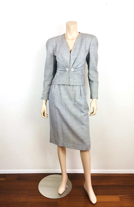 Valentino, Vintage 1980s VALENTINO Ruched PLEATED Black & White Jacket and Skirt Suit