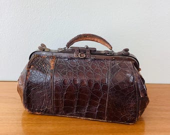 Antique French Leather Doctor Bag Brown Battered Old Frame Handbag