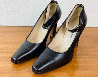 Vintage MANOLO BLAHNIK Black ANKLE Strap Leather Chunky High Heel Pumps / Shoes 7 8