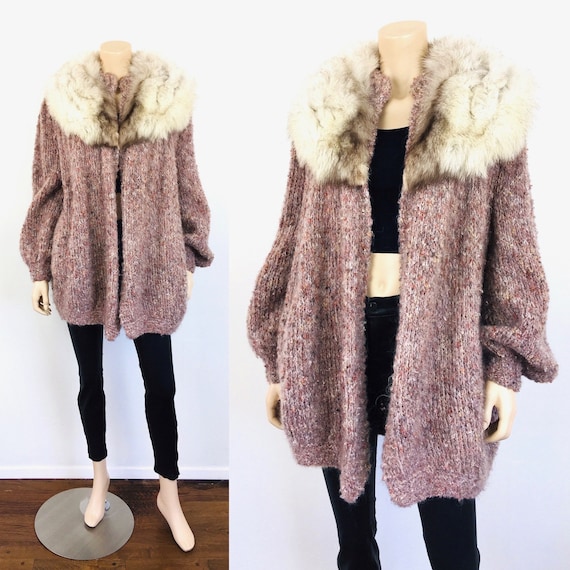 Vintage 1980s PINK BOUCLE Knit & FOX Fur Collar Ov