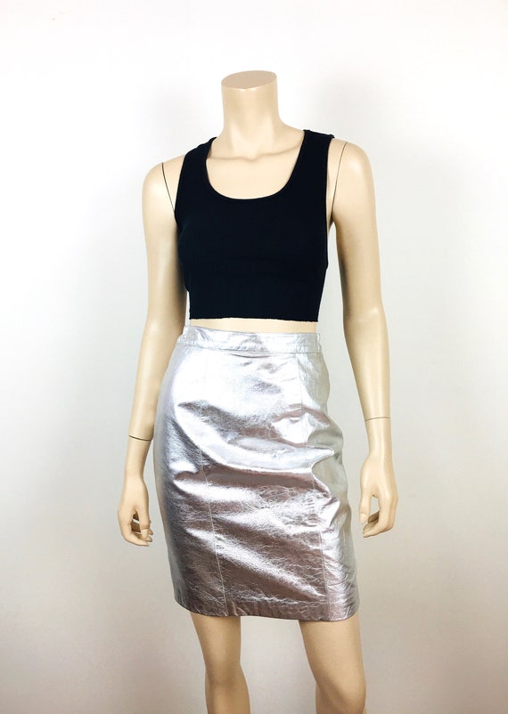 1980s Vintage SILVER METALLIC LEATHER High Waiste… - image 4