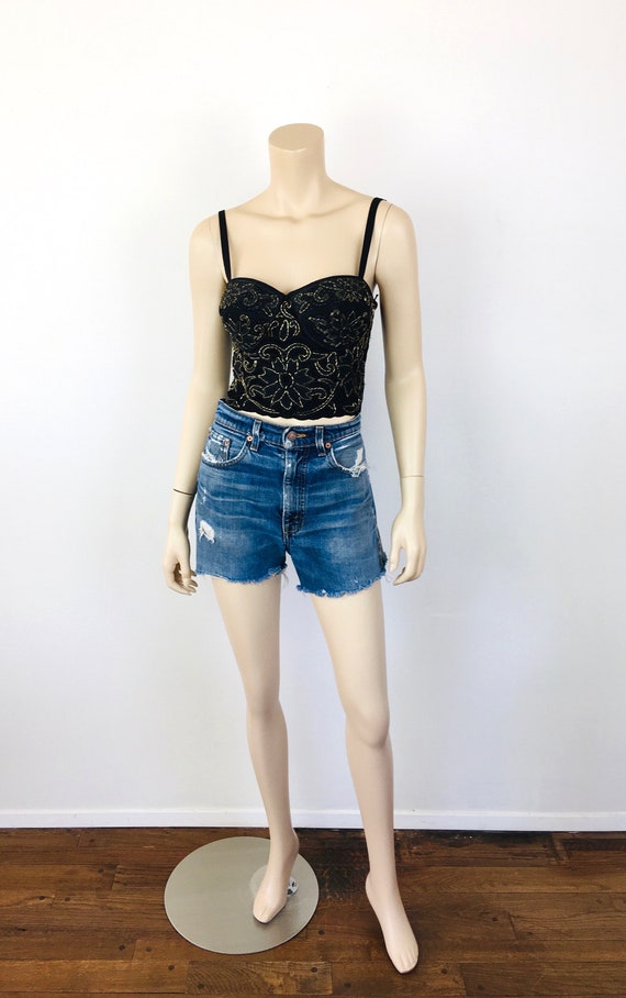 Vintage 1980s Black & GOLD BEADED BUSTIER Crop To… - image 2