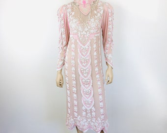 Vintage 1970s PINK & WHITE BEADED and Embroidered Silk Chiffon Boho Wedding Dress / Flapper Style / Victorian