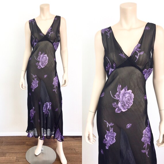 Vintage 1990s BLACK & PURPLE Sheer FLORAL Print 30