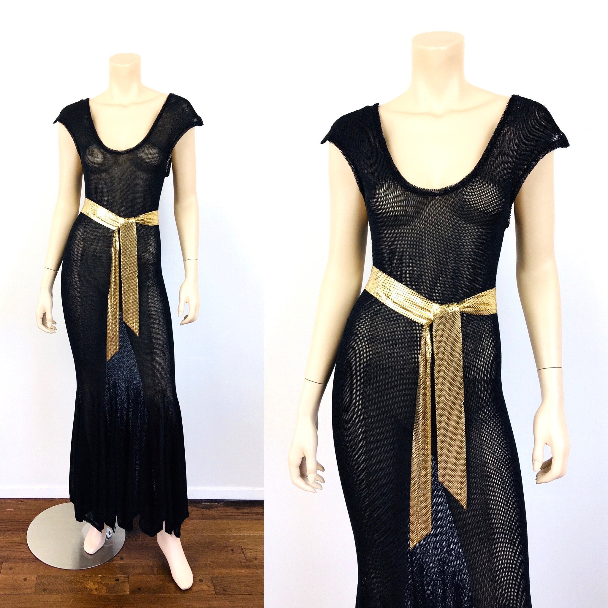 80s Vintage Black SHEER METALLIC Knit MERMAID Maxi Dress by Giulia 