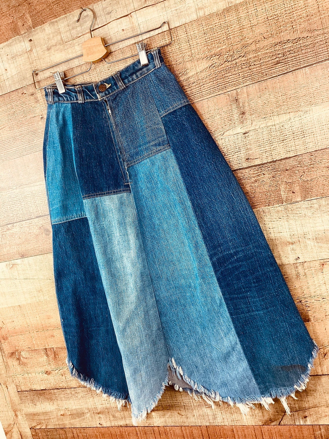 Boho style raw hem denim skirt