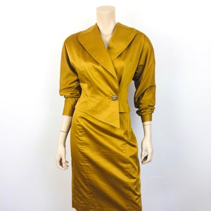 Vintage 1980s ASYMMETRICAL Dark GOLD Batwing Sleeve / High Waisted Skirt Dress Suit image 3