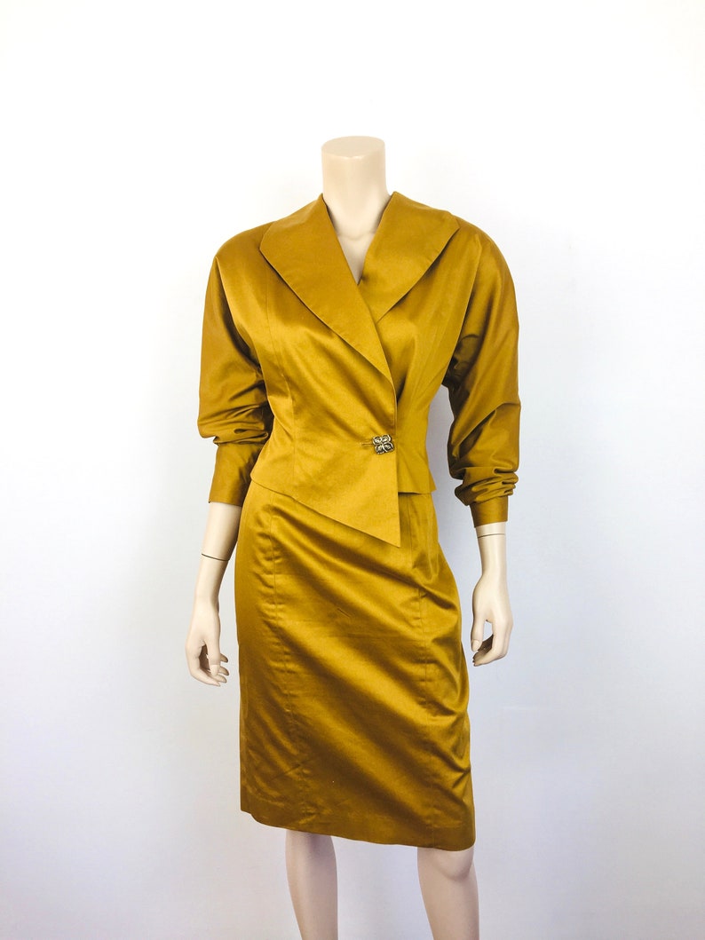 Vintage 1980s ASYMMETRICAL Dark GOLD Batwing Sleeve / High Waisted Skirt Dress Suit image 3