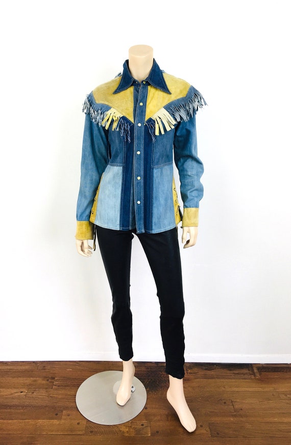 Vintage 1970s PATCHWORK DENIM & LEATHER Fringe Fa… - image 3