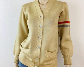 Vintage 1950s COLLEGATE SCHOOL Cream & Striped Wool Cardigan Sweater
