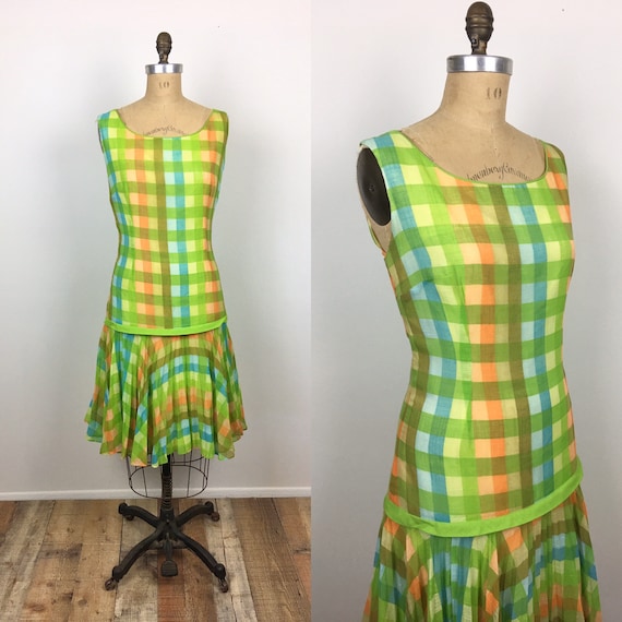 1960s Vintage GREEN PLAID Drop Waist Tennis Skirt