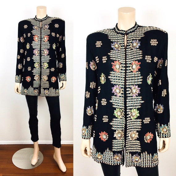 Vintage 1980s EMBROIDERED & PEARL BEADED Silk Jac… - image 1