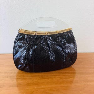 Vintage 1980s BLACK SNAKESKIN & LUCITE Handle Clutch Bag Purse
