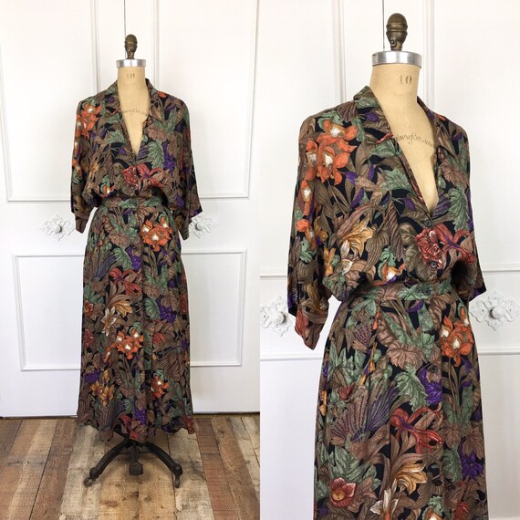 80s Vintage TROPICAL FLORAL LEAF Print Oversized D