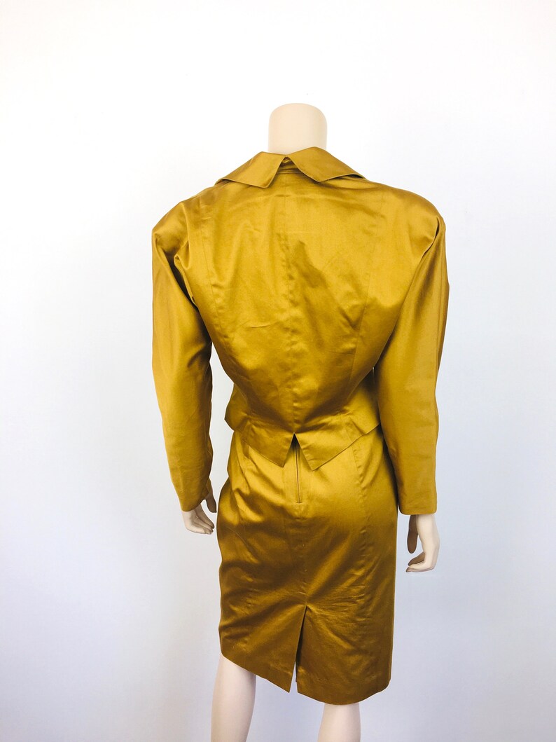 Vintage 1980s ASYMMETRICAL Dark GOLD Batwing Sleeve / High Waisted Skirt Dress Suit image 7