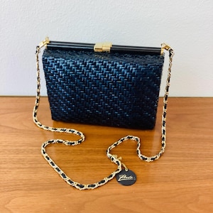 Vintage 1970s RODO WOVEN RATTAN Wicker Navy Blue Box Bag / Shoulder Bag / Purse