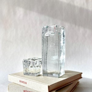 Vintage Pair Blenko Style Glass Ice Block Candleholders, Ice Cube Candlesticks, Mid Century Decor, Modern Glass Candlesticks, MCM, USA Made