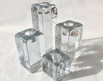 4 Blenko Style Glass Ice Block Candleholders, Vintage Ice Cube Candlesticks, Mid Century Decor, Modern Glass Candlesticks, MCM Gift