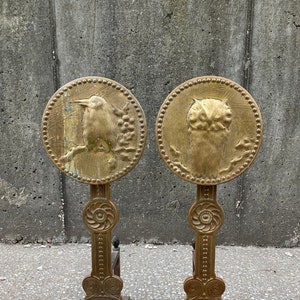 Vintage Owl & Bird Andirons, Aesthetic Movement, Thomas Jekyll Style, Barnard Bishop and Barnard Style, Unique Brass Bronze Fireplace Decor