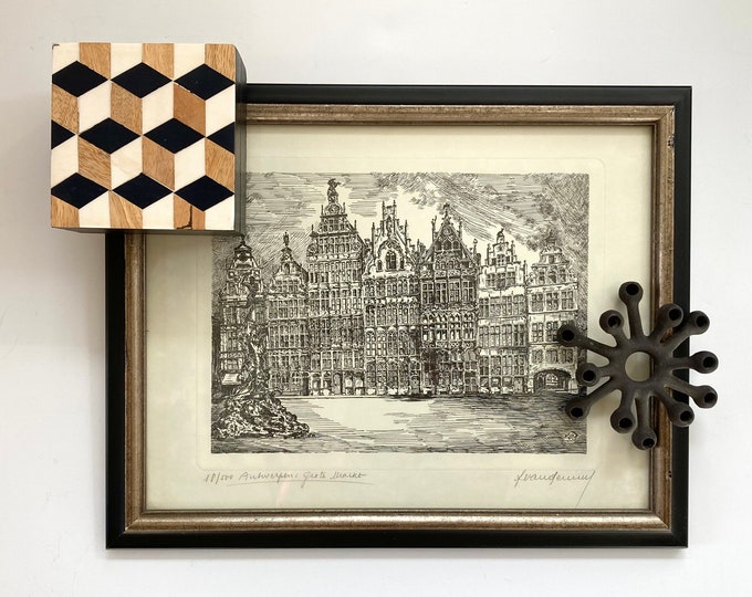 Vintage Signed Black and White European City Square Lithograph
