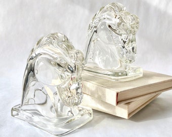 Vintage Glass Horse Head Bookends, Federal Style, Traditional Home Decor, Library Decor, Horse Lover, Glass Animal, Office Accessory