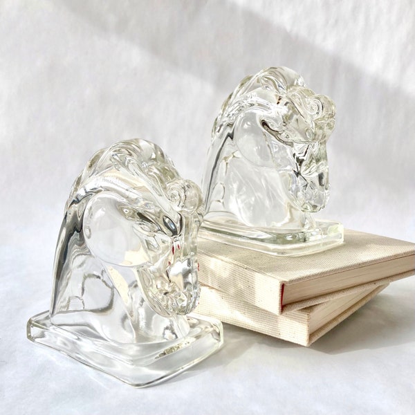 Vintage Glass Horse Head Bookends, Federal Style, Traditional Home Decor, Library Decor, Horse Lover, Glass Animal, Office Accessory