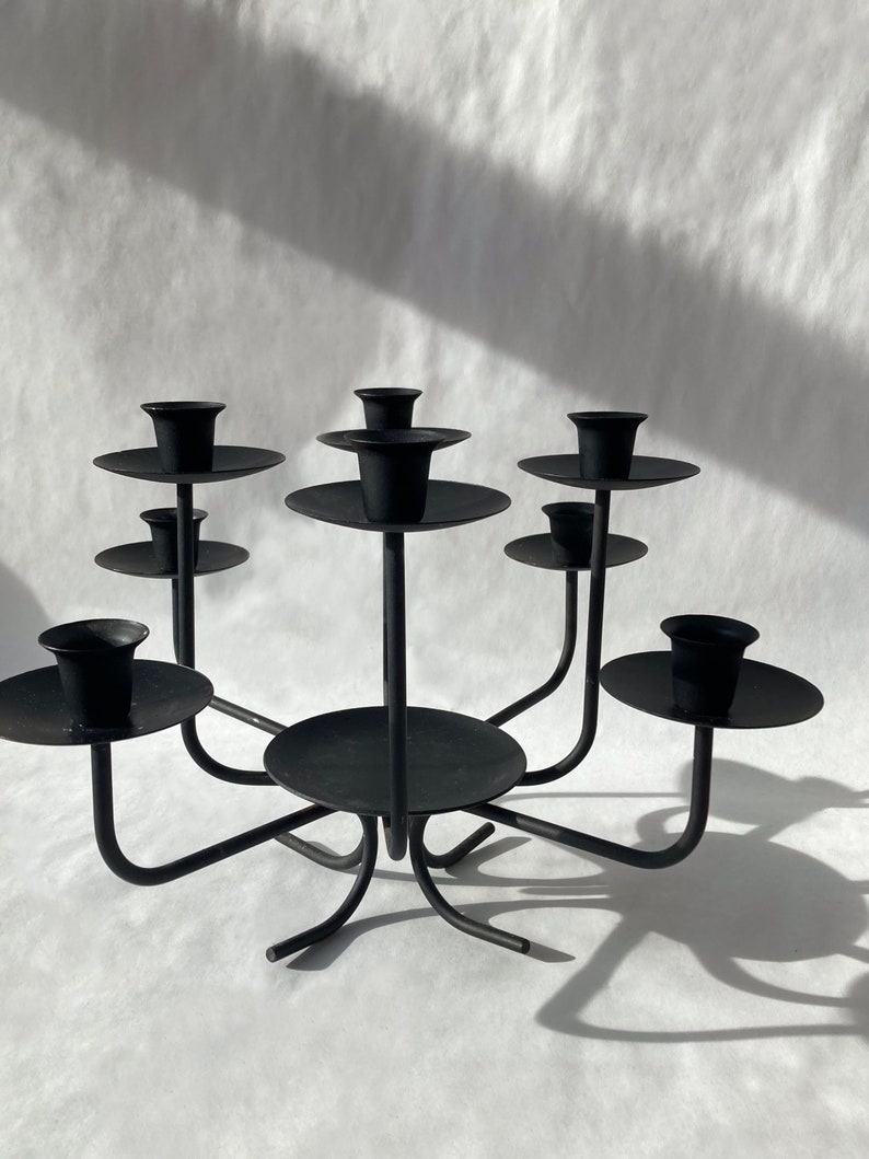 Black Sculptural Metal Candleholder for 8 Tapers, Vintage Candelabra Table Decor, Dramatic