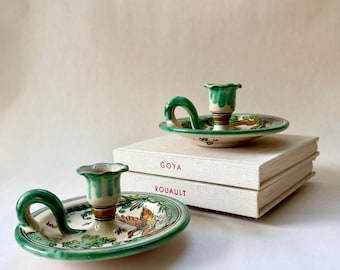 Vintage Pair Puente Arzobispo Ceramic Candleholder Chambersticks, Hand Painted Folk Art Spanish Pottery