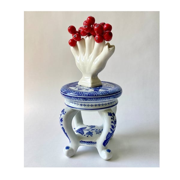 Vintage 6 1/4” Tall Chinoiserie Blue and White Baum Bros Formalities Ceramic Floral Plant Stand, Garden Stool, Grand Millennial, Asian Decor